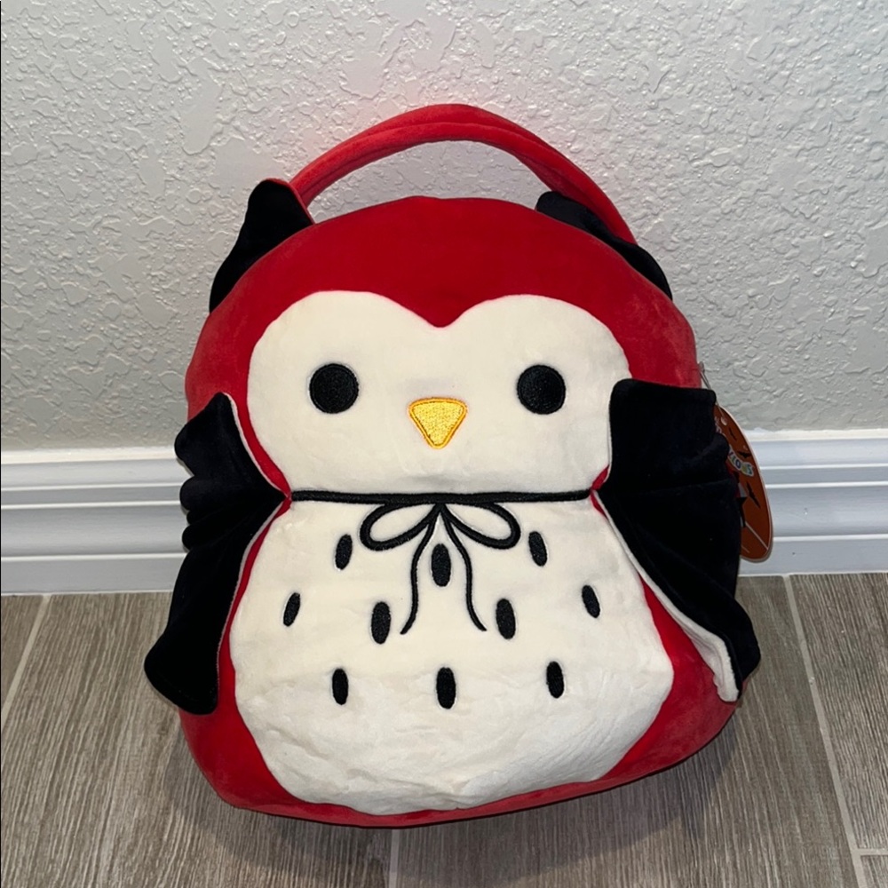 Red and Black Owl Squishmallow plush pail